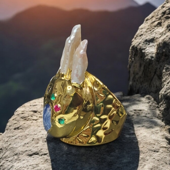 New Unique Baroque Pearl Crystal Hammered Chunky Ring - Picture 4 of 6